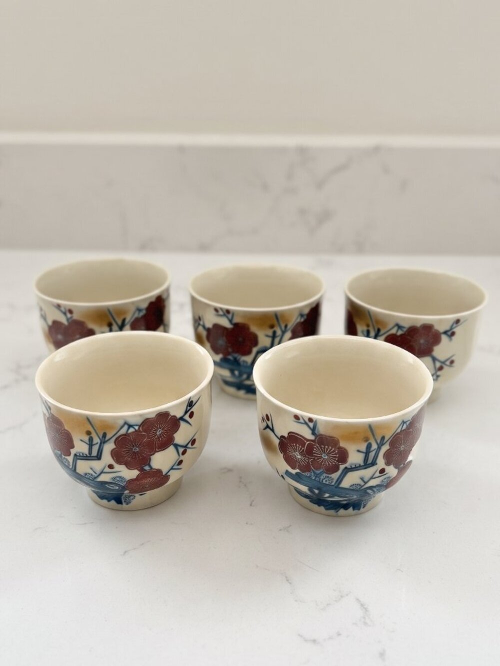 Vintage Kutani Japan Porcelain Yunomi Teacups Set of 5 Plum Blossom Birds 3"